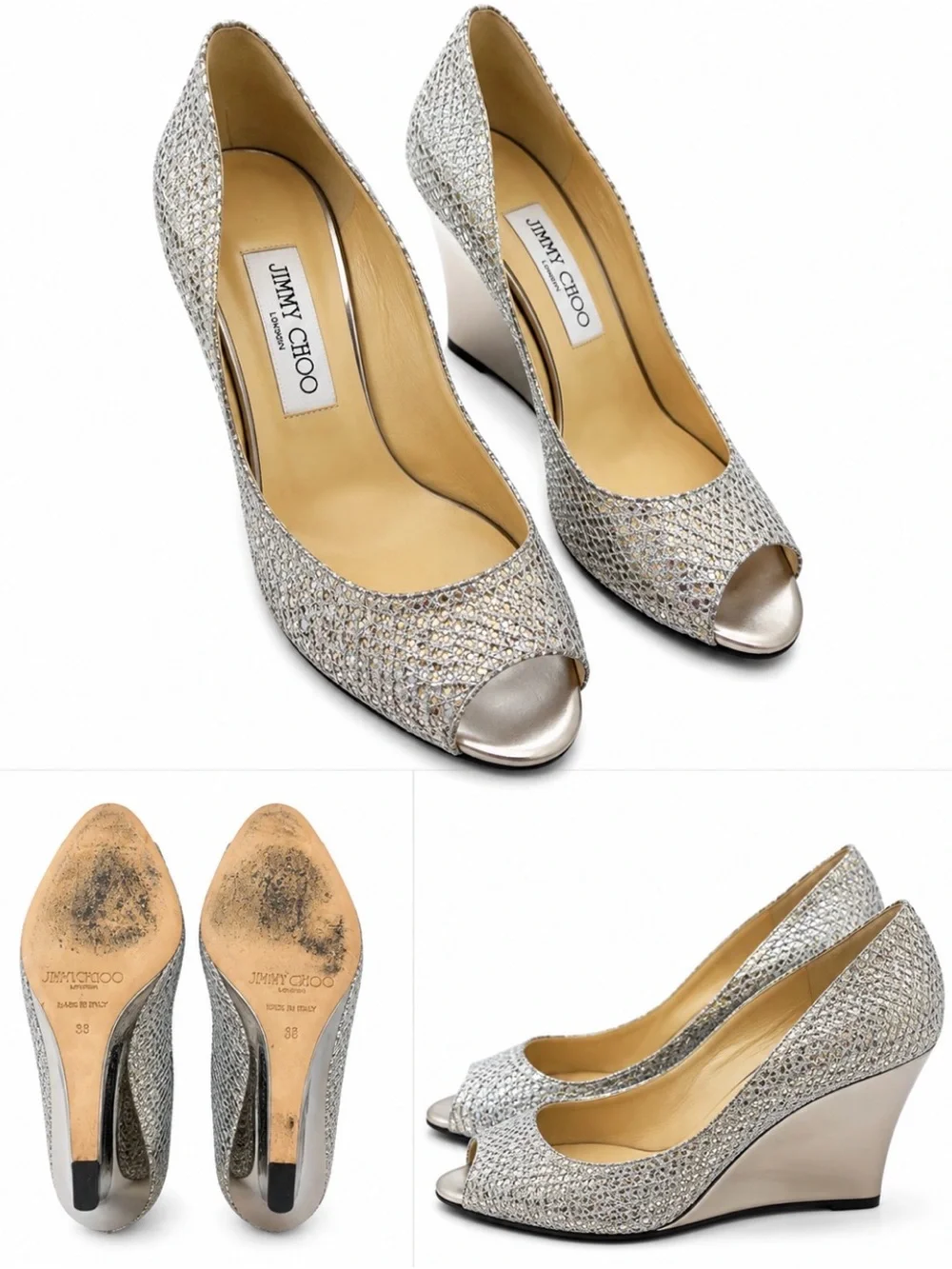 Jimmy Choo Silver Glitter Peep-Toe Wedge Heels